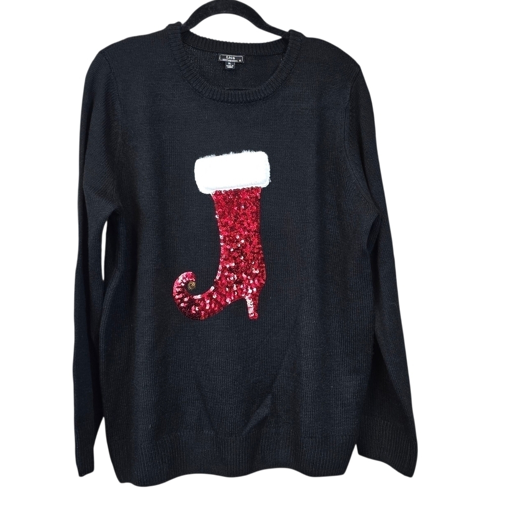 Lisa International Christmas Sweater Sequin Faux Fur Stocking Santa Elf Boot XL